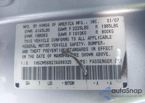 2007 Honda Accord 2.4 Ex from USA, damaged, VIN 1HGCM56827A099325